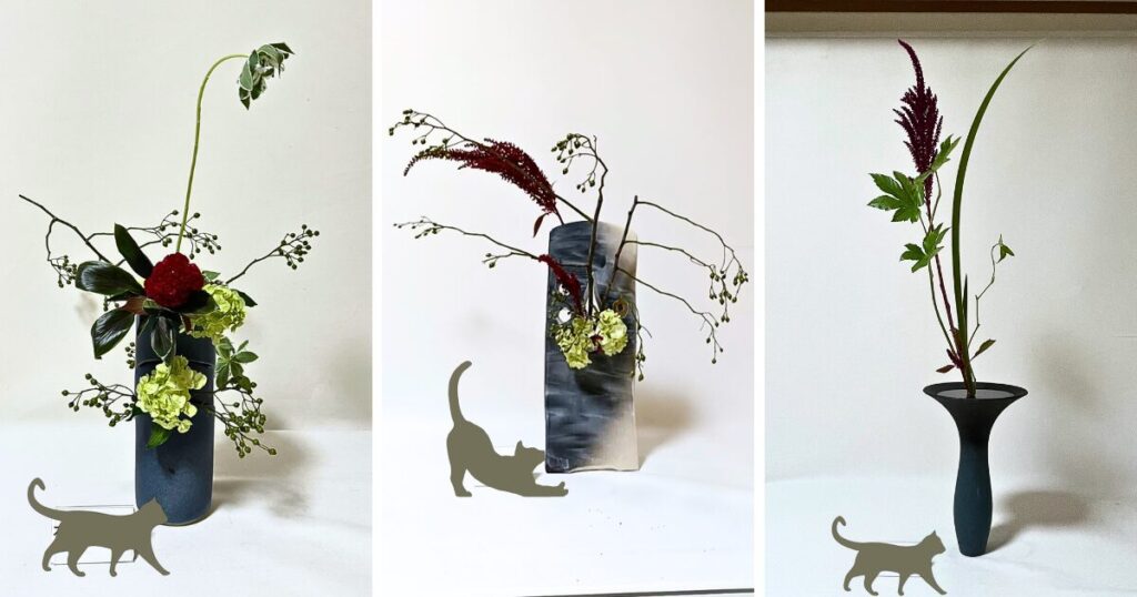 池坊 いけばな田名網 2025年8月分お稽古作品 自由花、三種生