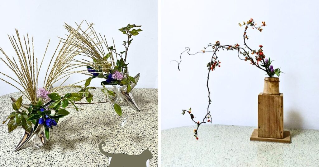池坊　いけばな田名網　2025年9月お稽古作品　自由花、二種生